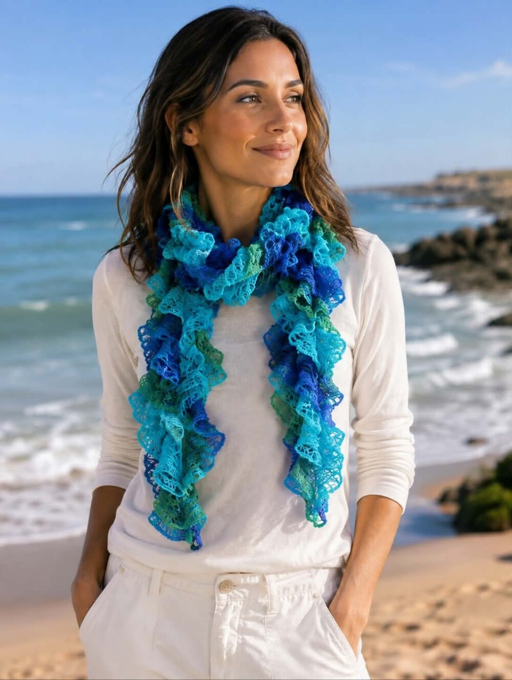 Handcrafted Ruffle Scarf in Teal, Blue & Green - Women Accessories